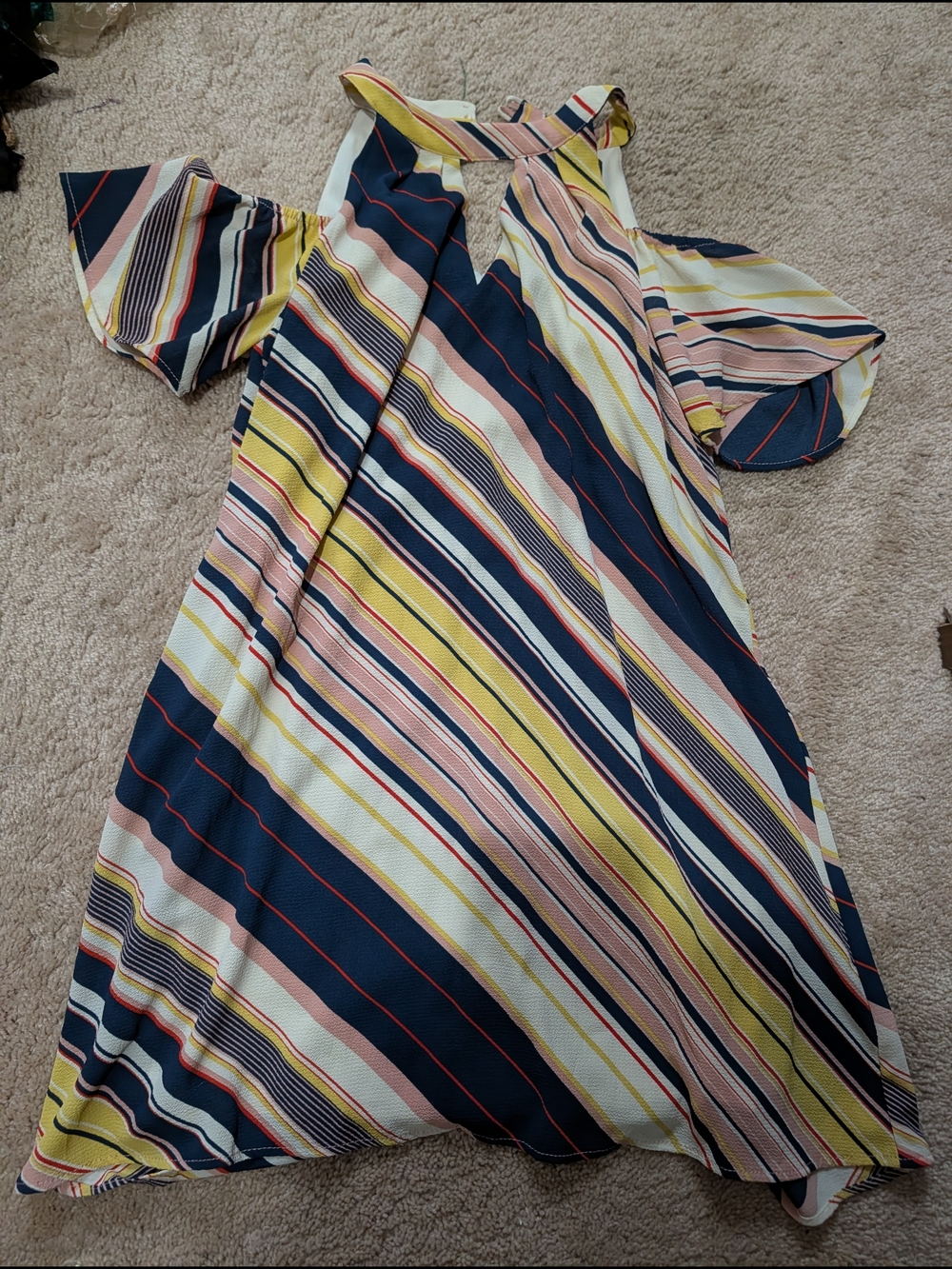 Lily Rose One-Shoulder Striped A-Line Dress in Navy, Yellow & Pink